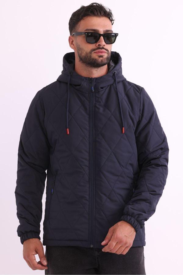 Erkek Lacivert Astarlı Rüzgar Geçirmez Kapüşonlu Mont | S - Image 1