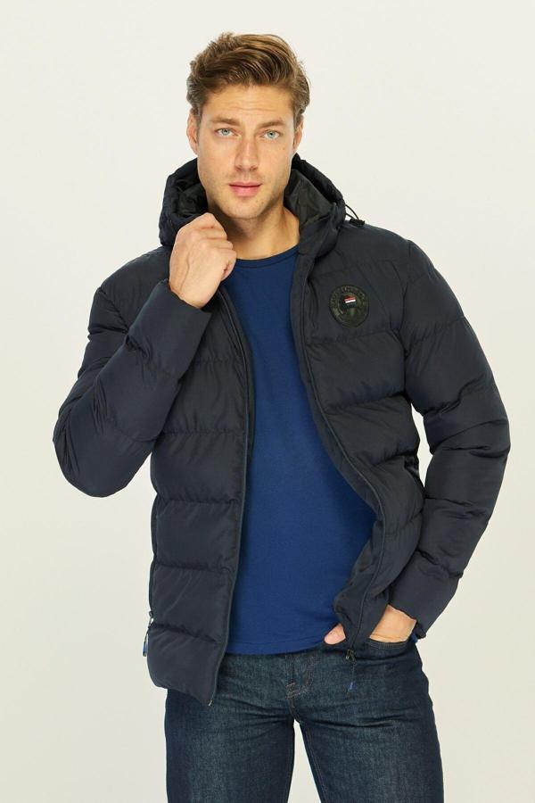 Erkek Lacivert Astarlı Rüzgar Geçirmez Kapüşonlu Kışlık Şişme Mont | 2XL - Image 1