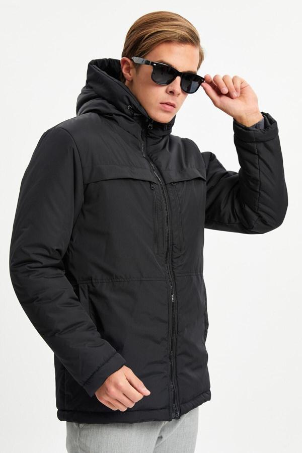 Erkek Siyah Elyaflı Rüzgar Geçirmez Kapüşonlu Kışlık Mont & Kaban & Parka | S - Image 1