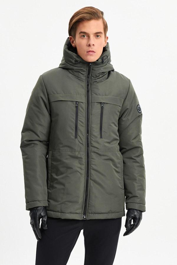 Erkek Haki Elyaflı Rüzgar Geçirmez Kapüşonlu Kışlık Spor Mont & Kaban & Parka | S - Image 1