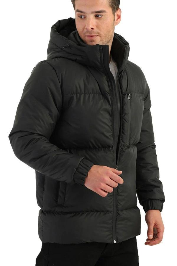 Erkek Siyah Elyaflı Kapüşonlu Rüzgar Geçirmez Şişme Kışlık Spor Mont | XL - Image 1