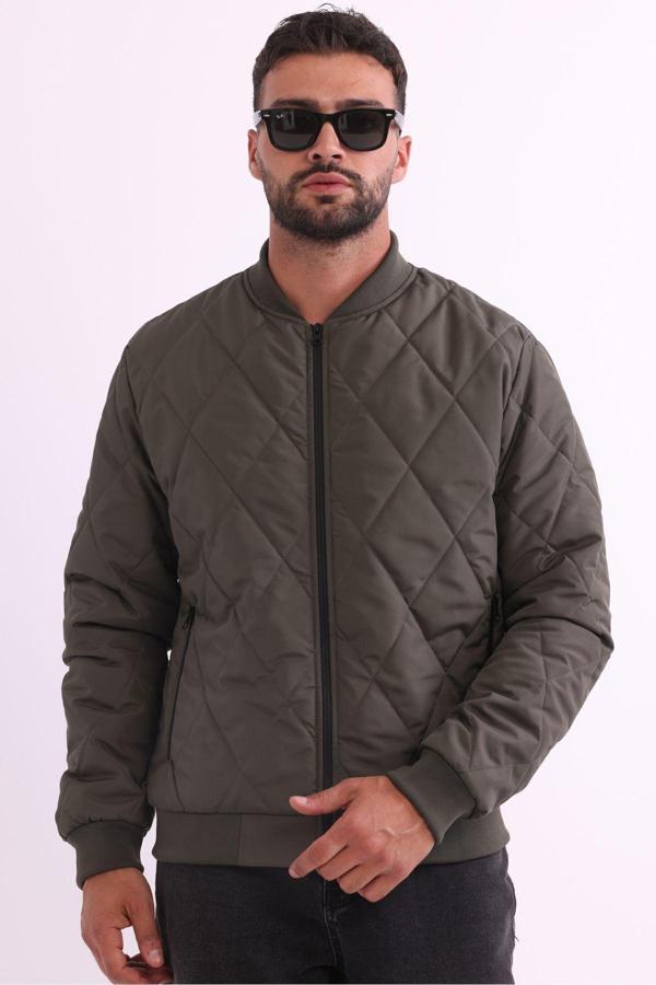 Erkek Haki Kolej Yaka Rüzgar Geçirmez Kapitone Desenli Elyaflı Mevsimlik Spor Mont | 2XL - Image 1