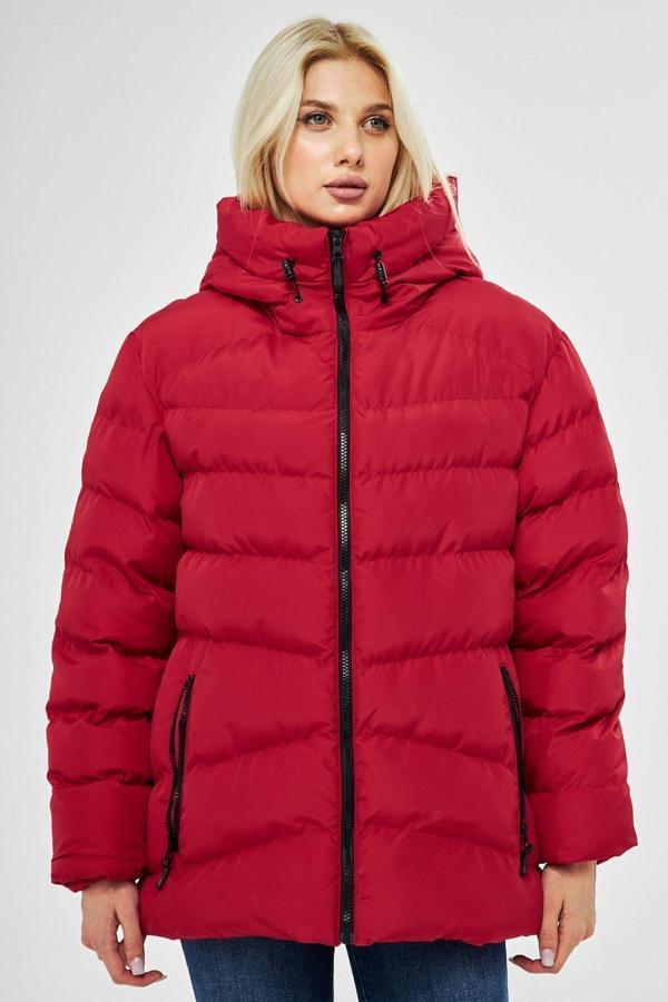 Kadın Kırmızı Elyaflı Kapüşonlu Rüzgar Geçirmez Şişme Kışlık Mont | 3XL - Image 1