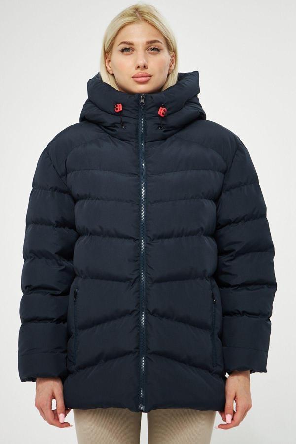 Kadın Lacivert Elyaflı Kapüşonlu Rüzgar Geçirmez Şişme Kışlık Mont | L - Image 1