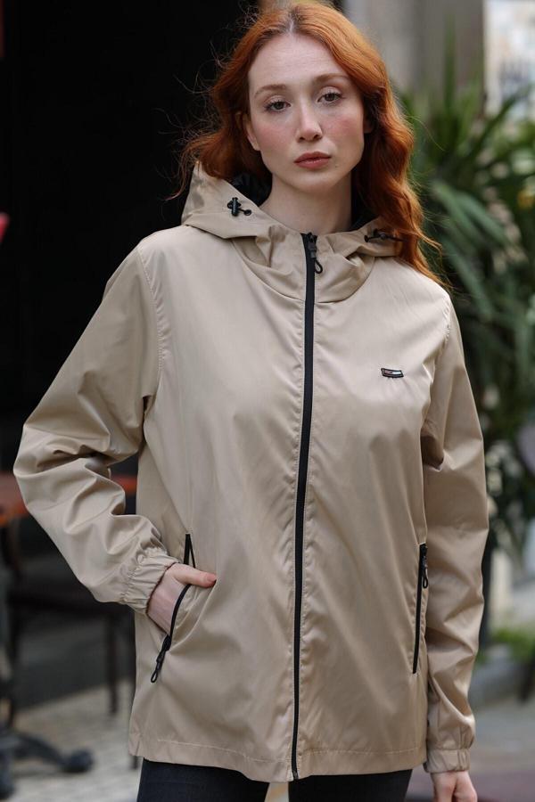 Kadın Bej Astarlı Kapüşonlu Cepli Mont | 2XL - Image 1