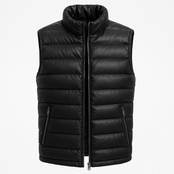 Erkek Slim Fit Fermuarlı Siyah Suni Deri Yelek - 7448 - Image 1