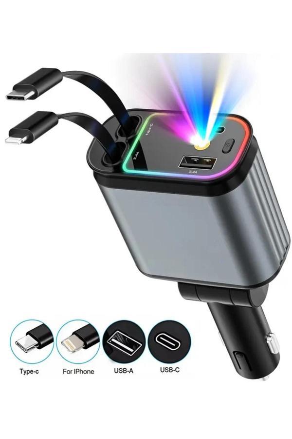 ACL ACC-01 RGB Işıklı 66W Araç Şarj Cihazı | 4in1 Geri Çekilebilir Kablo | Type-C + Lightning | Yıld - Image 1