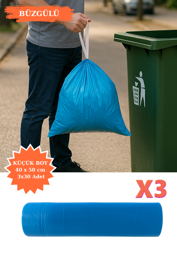Premium Büzgülü Küçük Boy Çöp Poşeti 40x50 cm 3x30 Adet Ev Mutfak İş Ofis Avantajlı Ekonomik Paket - Image 1