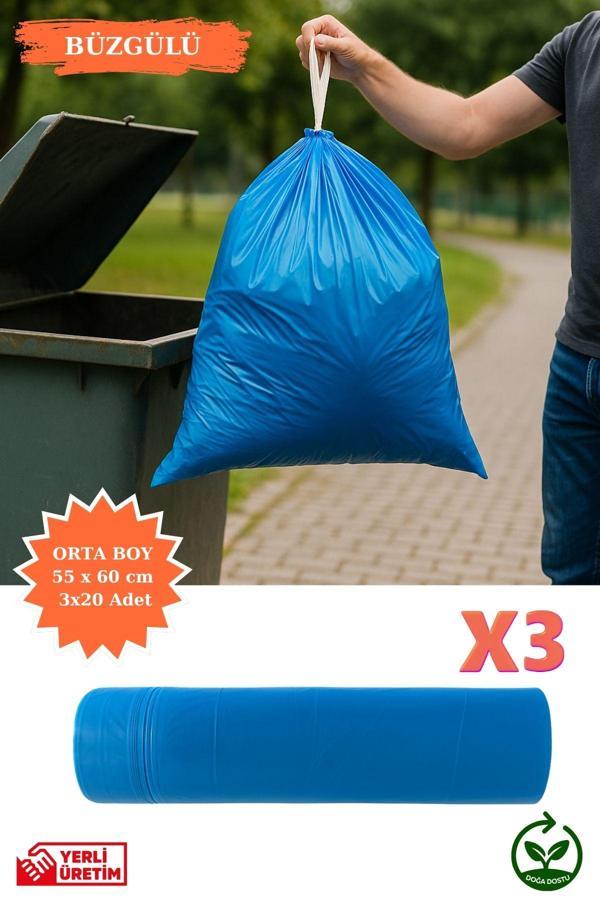 Premium Büzgülü Orta Boy Çöp Poşeti 55x60 cm 3x20 Adet Ev Mutfak İş Ofis Avantajlı Ekonomik Paket - Image 1