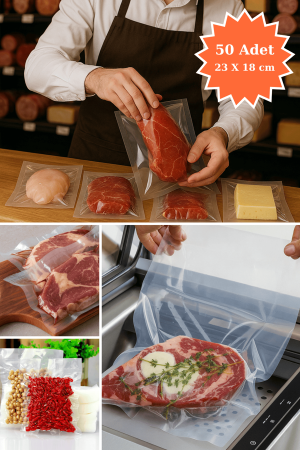 Endüstriyel Vakum Poşet Torba Et Tavuk Peynir Gıdayla Temasa Uygun 155 Mikron Düz 23x18 cm 50 Adet - Image 1