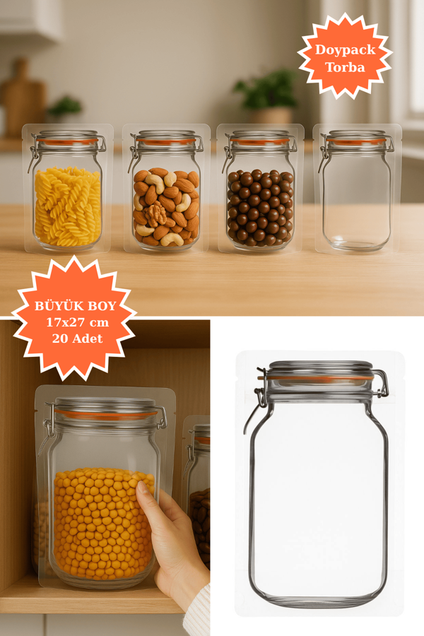 Elit Kavanoz Tasarım Kilitli Şeffaf Doypack Kahve Kuruyemiş Bakliyat Saklama Torbası 17x27 cm 20Li - Image 1