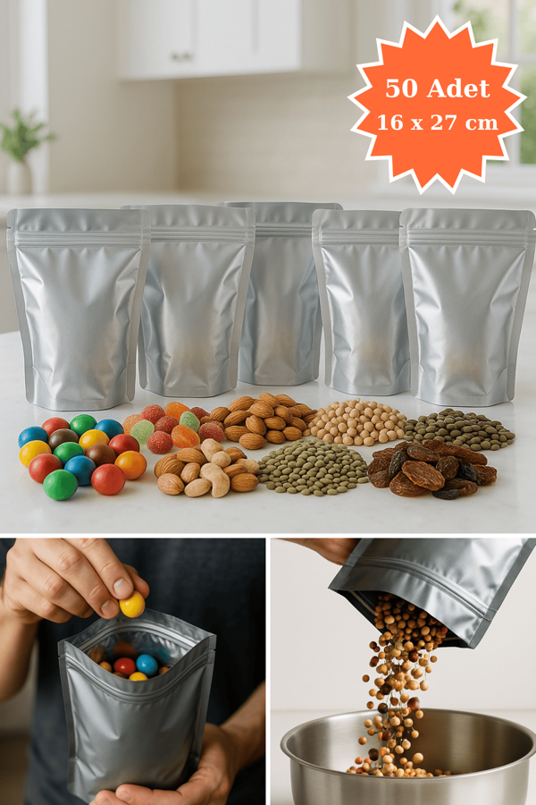 Kilitli Alüminyum Doypack Kahve Kuruyemiş Bakliyat Kedi Köpek Kuş Yemi Saklama Torbası 16x27 cm 50Li - Image 1
