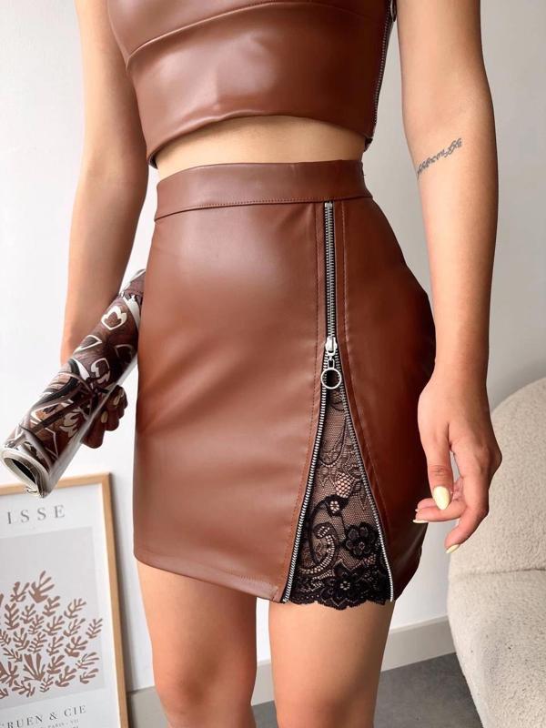 BİÇOMİ Dantelli fermuarlı deri etek kahve w24598 - Image 1