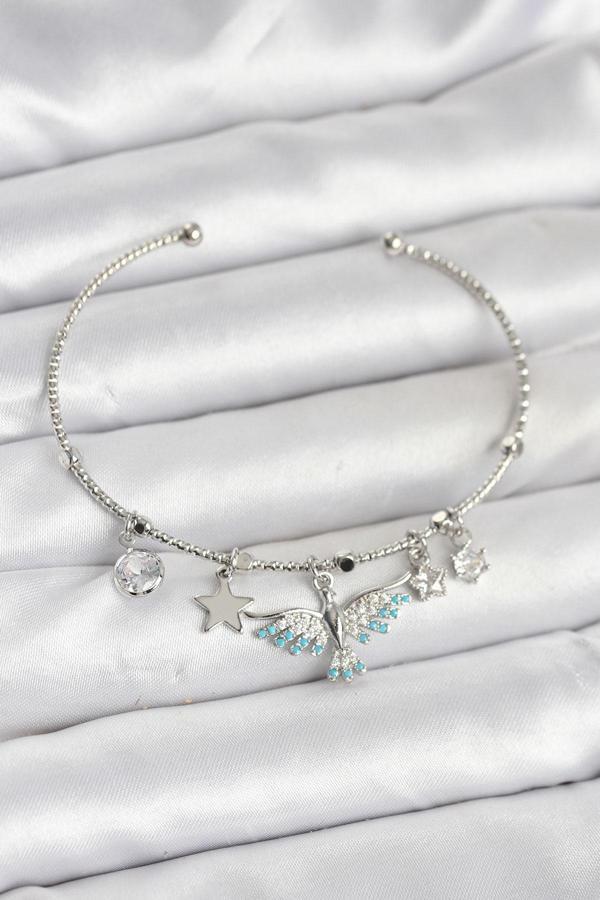 Zarif Bilekler için Silver Pirinç Anka Kuşu Charmlı Kadın Bileklik - Image 1