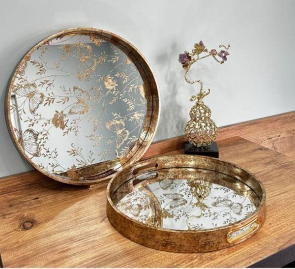 Beliza Eskitme Ahşap Kenarlı Aynalı Kelebek Desenli İkili Çay Tepsisi - Image 1