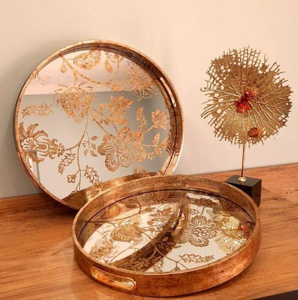 Beliza Eskitme Ahşap Kenarlı Aynalı Çiçek Desenli İkili Çay Tepsisi - Image 1