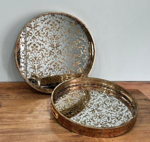 Beliza Eskitme Ahşap Kenarlı Aynalı Çiçek Desenli İkili Çay Tepsisi - Image 1