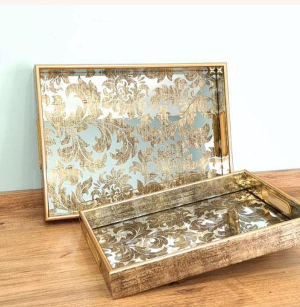 Beliza Ahşap Kenarlı Desenli İkili Servis Tepsi Seti - Image 1