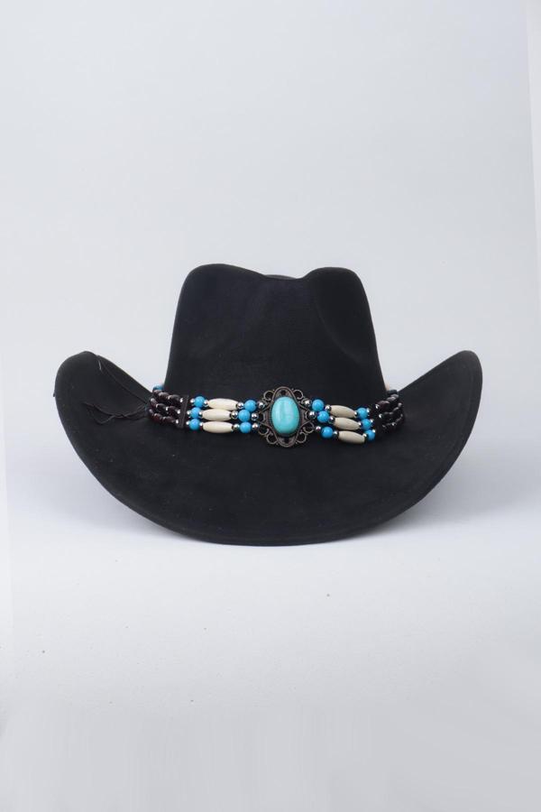 Kovboy Boncuk Kemer Detaylı Taş Figürlü Fötr Şapka - Siyah - Image 1