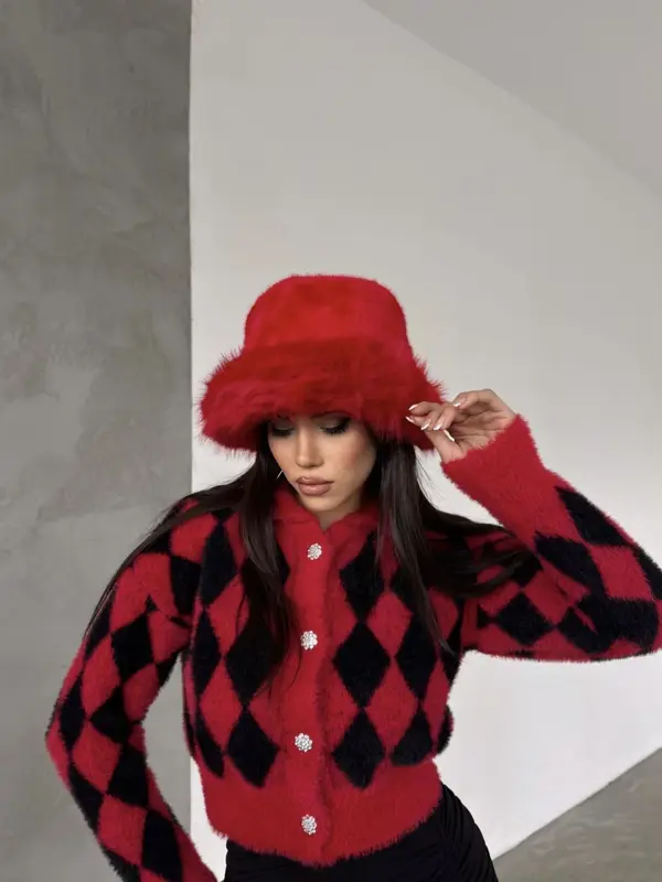 Kürk Yuvarlak Kalpak Şapka Peluş Bucket Şapka - Kırmızı - Image 1