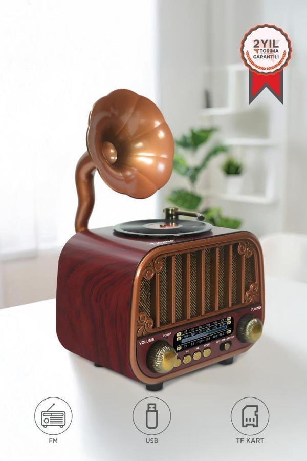 Torima D76 Koyu Kahve Nostaljik Bluetooth Hoparlör – Radyo, USB/TF, AUX, Speaker - Image 1