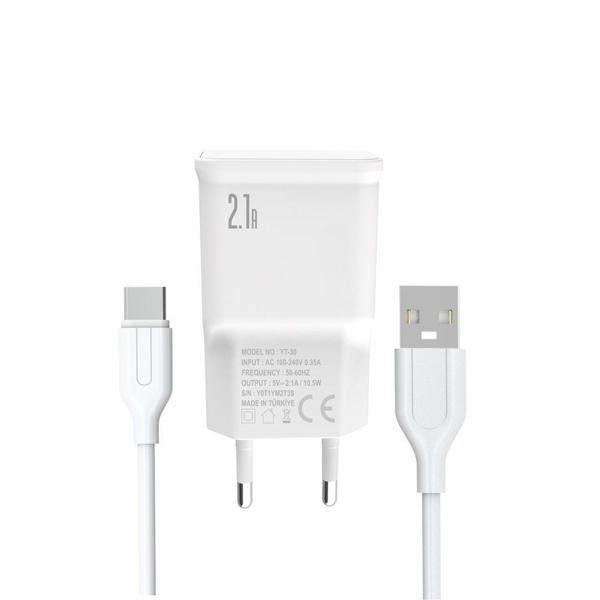 PDAteknoloji Yetty 2 in 1 Şarj Cihazı +1m Type-C Kablo Beyaz YT-30T (Türkiye de üretilmiştir) - Image 1