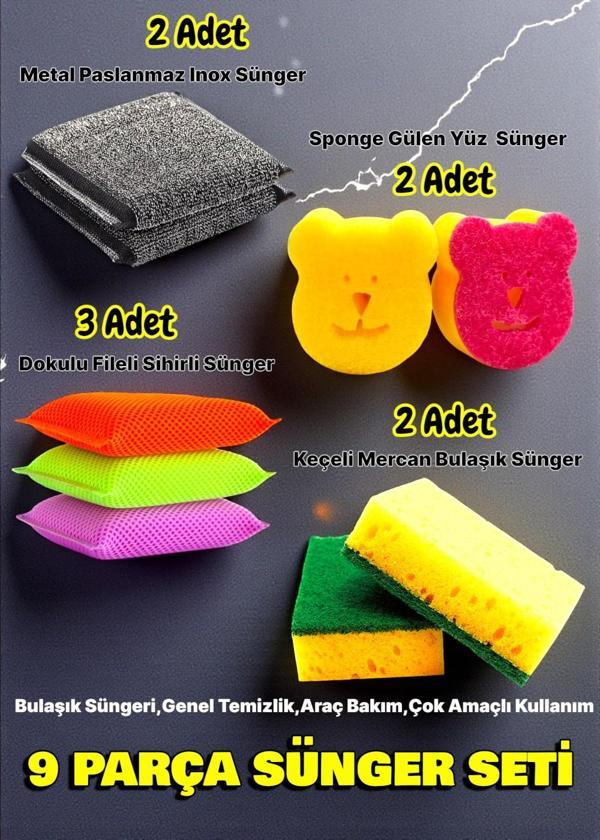 Technow 9 Parça Çok Amaçlı Genel Kullanım Mutfak Bulaşık Süngeri Yıkama Seti - Image 1