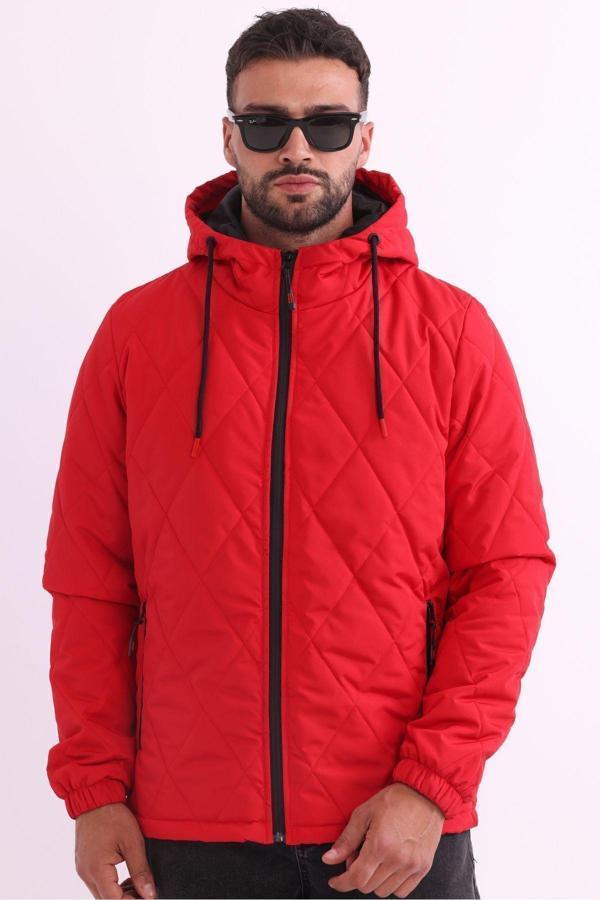 Erkek Kırmızı Astarlı Rüzgara Dayanıklı Kapüşonlu Mont | S - Image 1