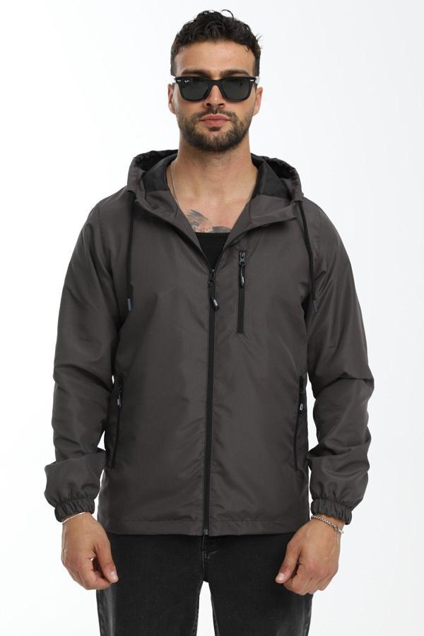 Erkek Antrasit Astarlı Rüzgara Dayanıklı Kapüşonlu Cepli Yağmurluk | M - Image 1