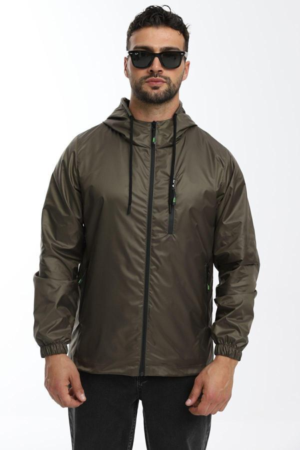 Erkek Haki Astarlı Rüzgara Dayanıklı Kapüşonlu Cepli Yağmurluk | XL - Image 1