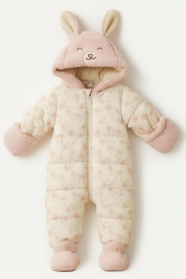 Tavşanlı Patikli İçi Peluş Kar Kapüşonlu Kışlık Kız Erkek Bebek Astronot Tulum Kozmonot Mont Çocuk  - Image 1