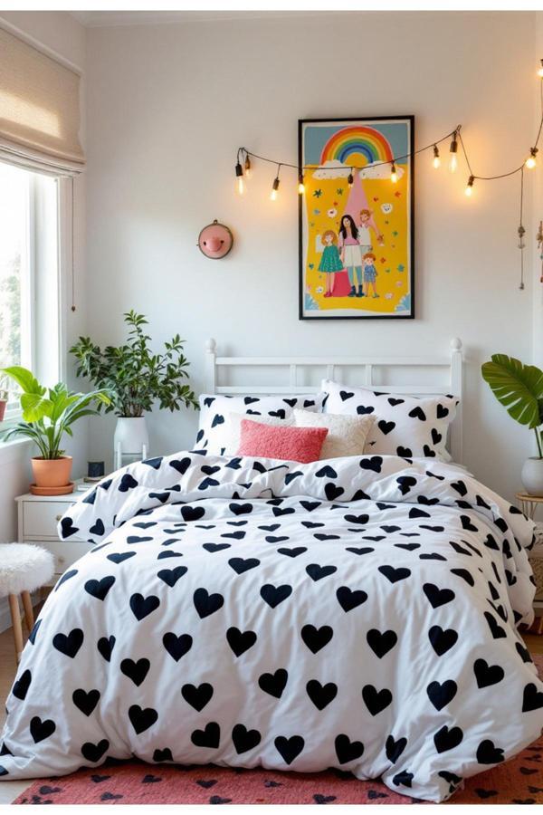 Helen George Siyah Kalp Desenli Tek Kişilik Nevresim Seti - Image 1