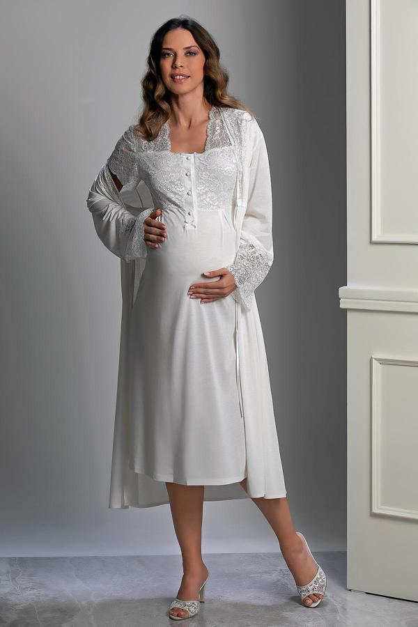 Ekru 2'li Gecelik ve Sabahlık Lohusa Pijama Takımı - XL - Image 1