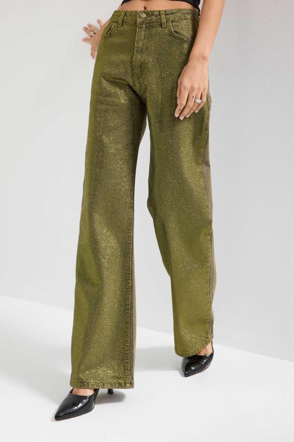 Kadın Yeşil T-3w5-141 Straight Fit Ful Parlak Taşlı Özel Tasarım Denim Jean - Image 1