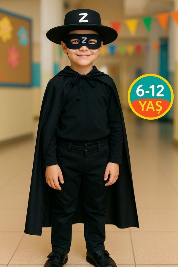 Z Harfli Zorro Şapka Maske Pelerin Çocuk Kostüm Seti 3 Parça Parti Kostüm Seti - (6-12 Yaş Arası) - Image 1
