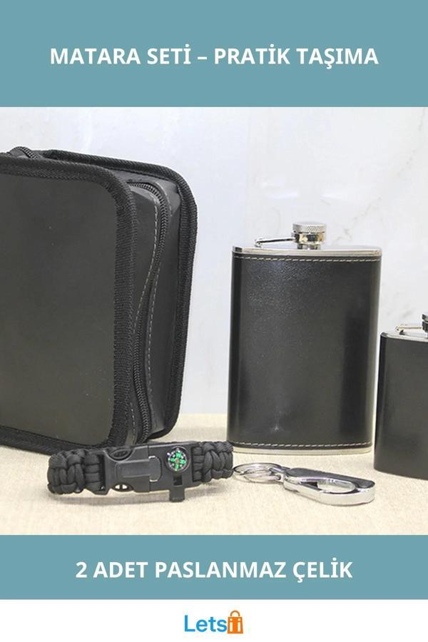Kılıflı Paslanmaz Çelik Taşınabilir Matara Seti 2 Adet Deri Kılıf ile - Image 1