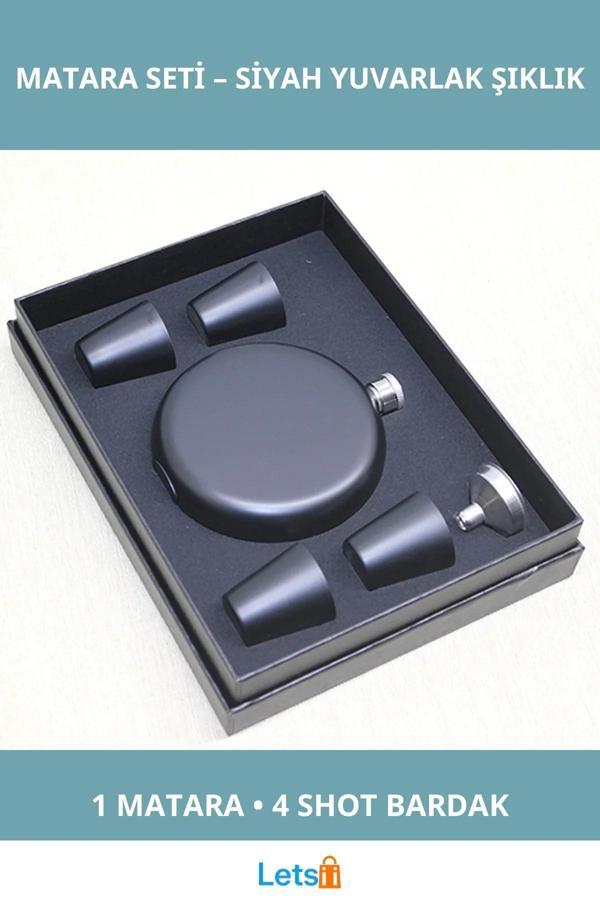 Paslanmaz Çelik Yuvarlak Siyah Matara ve 4 Shot Bardak Seti - Image 1