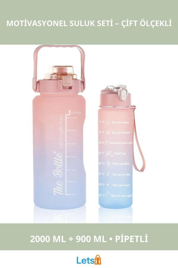 Motivasyonel Su Matarası 2000 ml ve 900 ml Pipetli - Image 1