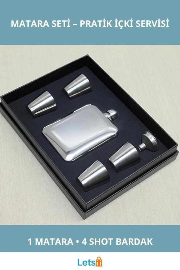 Şık Paslanmaz Çelik 4 Shot Bardaklı Matara Takımı - Image 1