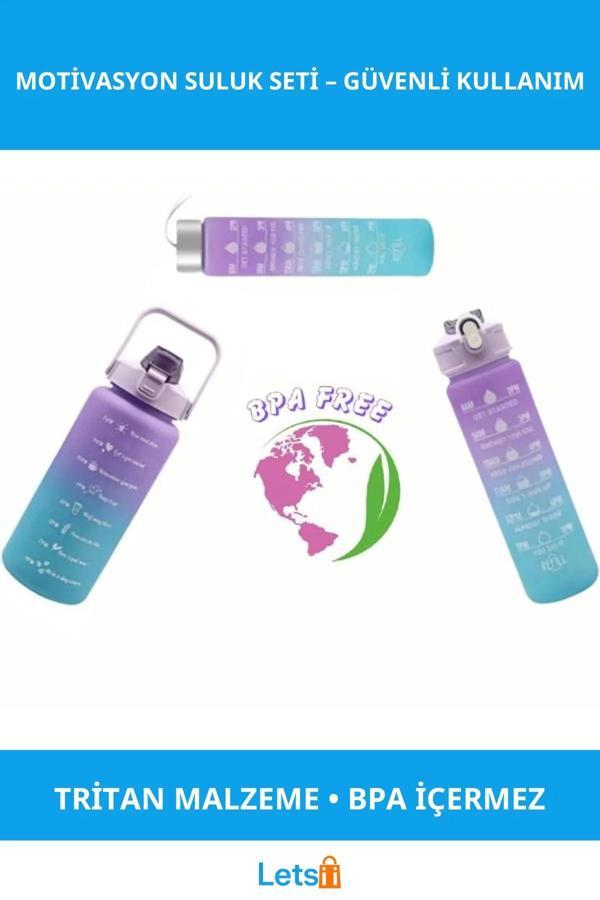 Motivasyonel Su Matarası Seti 300ML, 750ML ve 2000ML Renkli Tritan - Image 1