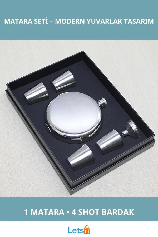 Yuvarlak Çelik Matara Seti ve 4 Adet Shot Bardak - Image 1