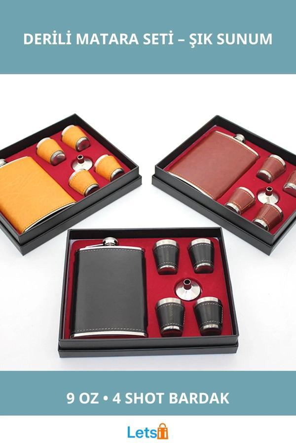 Paslanmaz Çelik Derili Taşınabilir 4 Shot Bardaklı Matara - Image 1