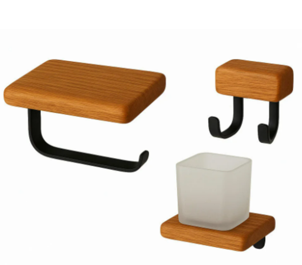 Adnoss Lüks Selvi Kağıtlık Siyah Pirinç Ahşap+Selvi İkili Bornozluk+Diş Fırçalık - Image 1