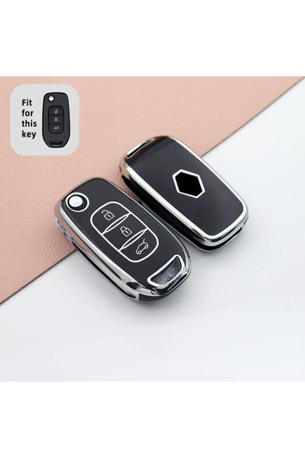 Bigkey Renault Uyumlu Megane 4 Clio 3 Buton Sustalı Kumanda Kılıfı Siyah Gümüş - Image 1