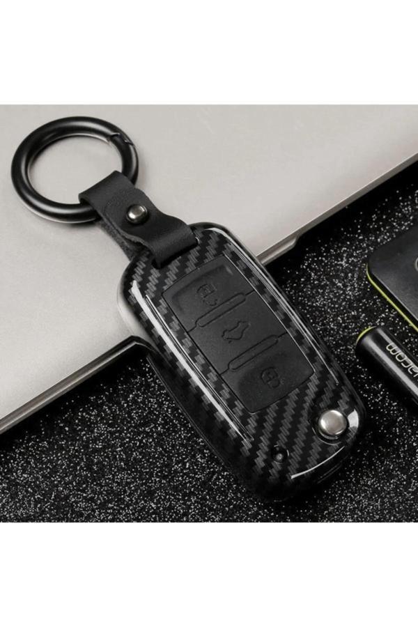 Bigkey Volkswagen Jetta  , Polo , Golf -Seat-Skoda Sustalı Siyah Karbon Anahtar Kılıfı Uds 3 Buton - Image 1