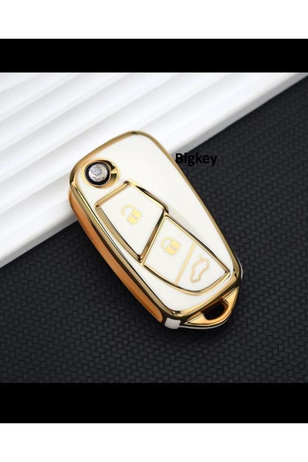 Bigkey Fiat Linea, Fiorino Ducato, Boxer, Jumper Sustalı Nano Beyaz Gold Altın Renk Anahtar Kılıfı - Image 1