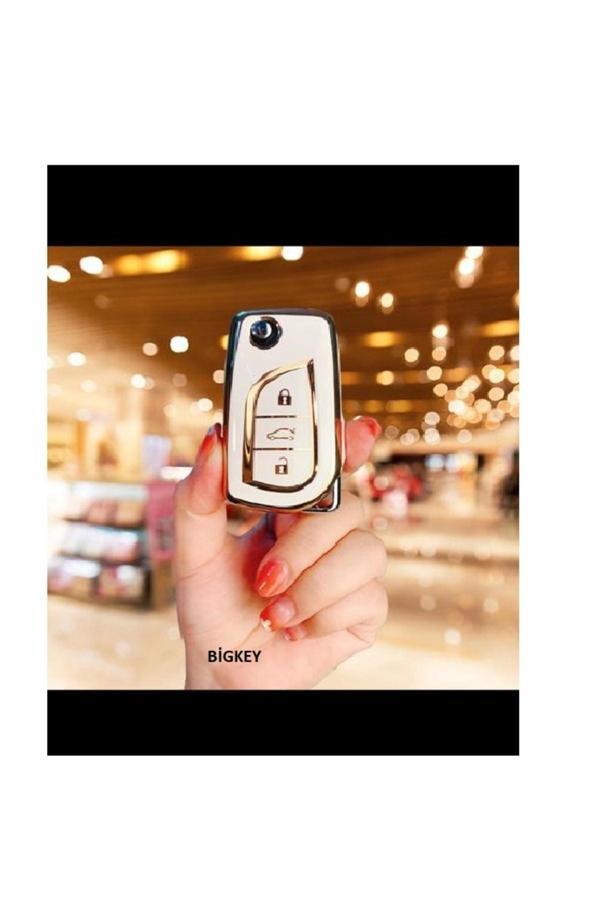 Bigkey Toyota Corolla Auris Yaris 3 Buton Sustali Nano Anahtar Kılıfı Beyaz Gold - Image 1