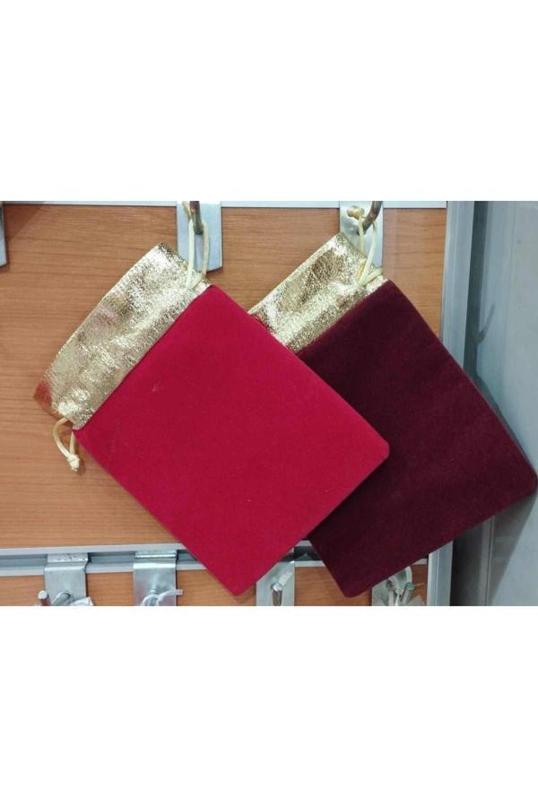 7 Renk Lameli Kadife Ipli Kese,Dağıtmalık Çerez Ve Kına Kesesi, 100 Adet 12X14 Cm Bordo Kadife Kese - Image 1