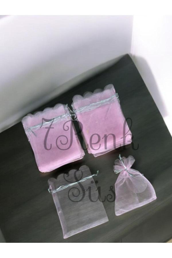 7 Renk Kına Ve Çerez Kesesi,Tesbih Kesesi, 50 Adet Pembe Düz 12X14 Cm ,Desenli Tül Kese - Image 1