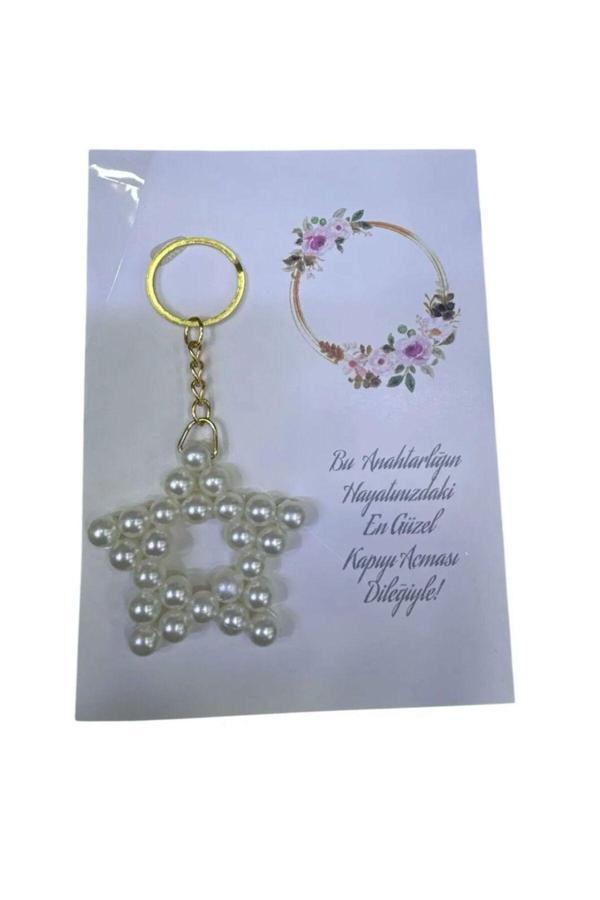Butik Center 10 Adet Kartlı Butik Center Inci Yıldız Anahtarlık Nişan Söz Hediyelik - Image 1